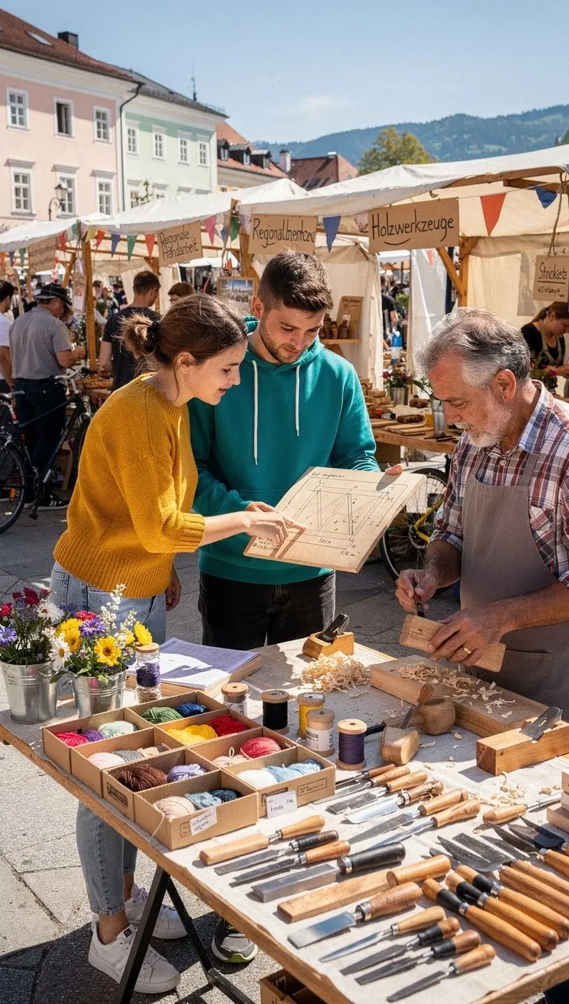 Eine kreative Person strickt einen bunten Schal in einem gemütlichen Raum.