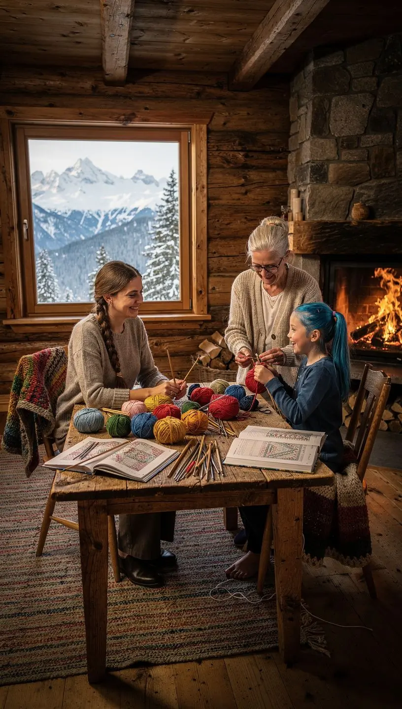 Ein offenes Buch mit Anleitungen zum Stricken auf einem Holztisch