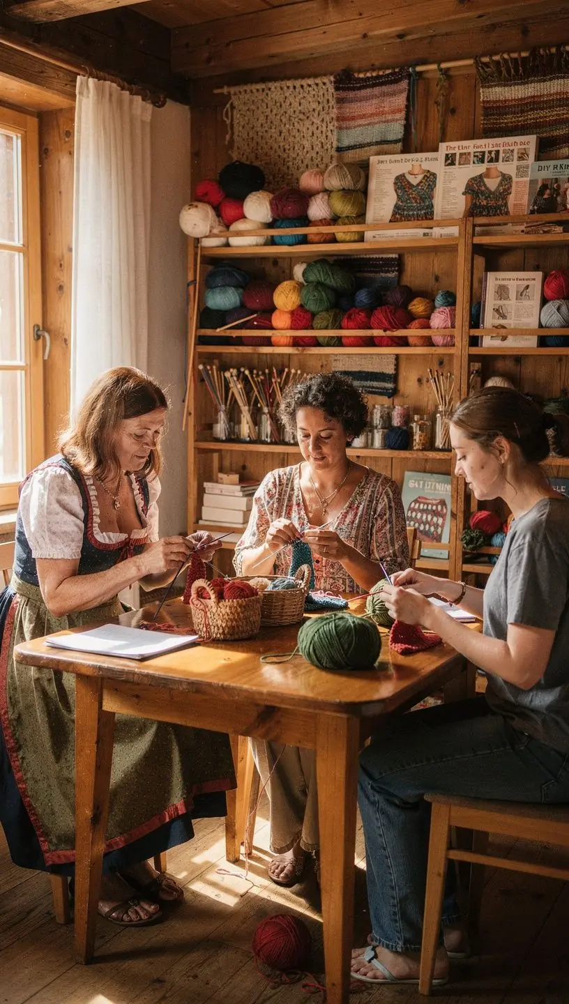 Ein offenes Buch mit Strickanleitungen auf einem Holztisch.