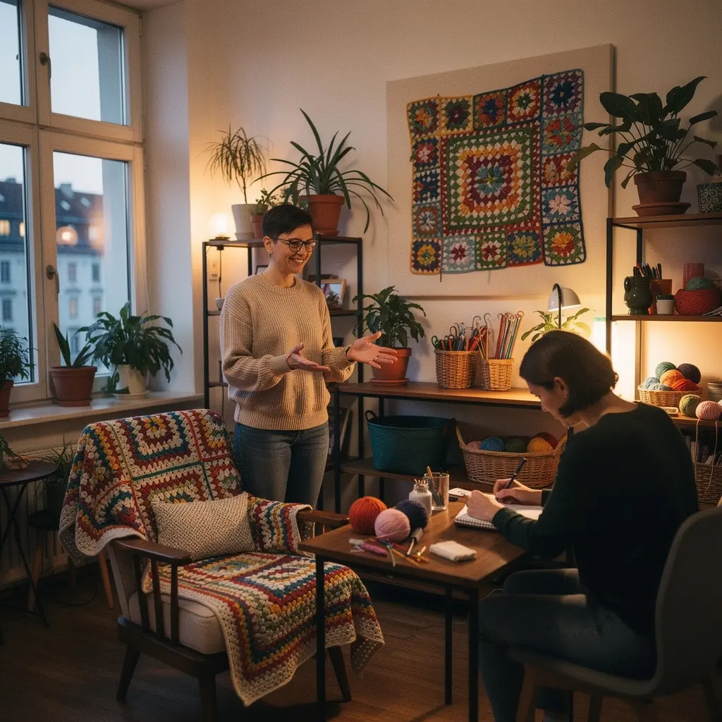 Ein offenes Buch mit Strickanleitungen auf einem Holztisch.