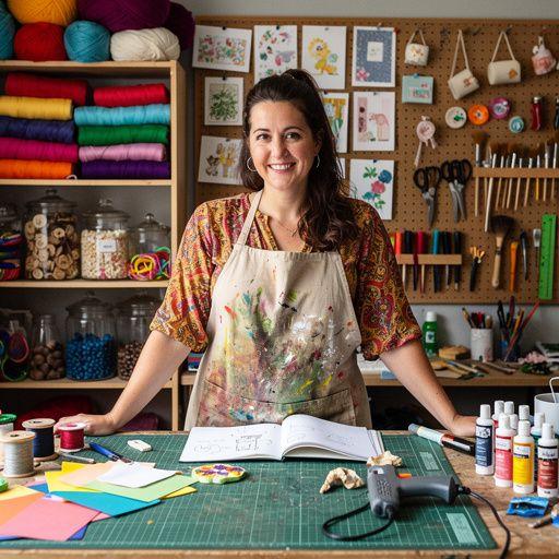 Verschiedene Materialien wie Stoff, Holz und Wolle auf einem Tisch verteilt.